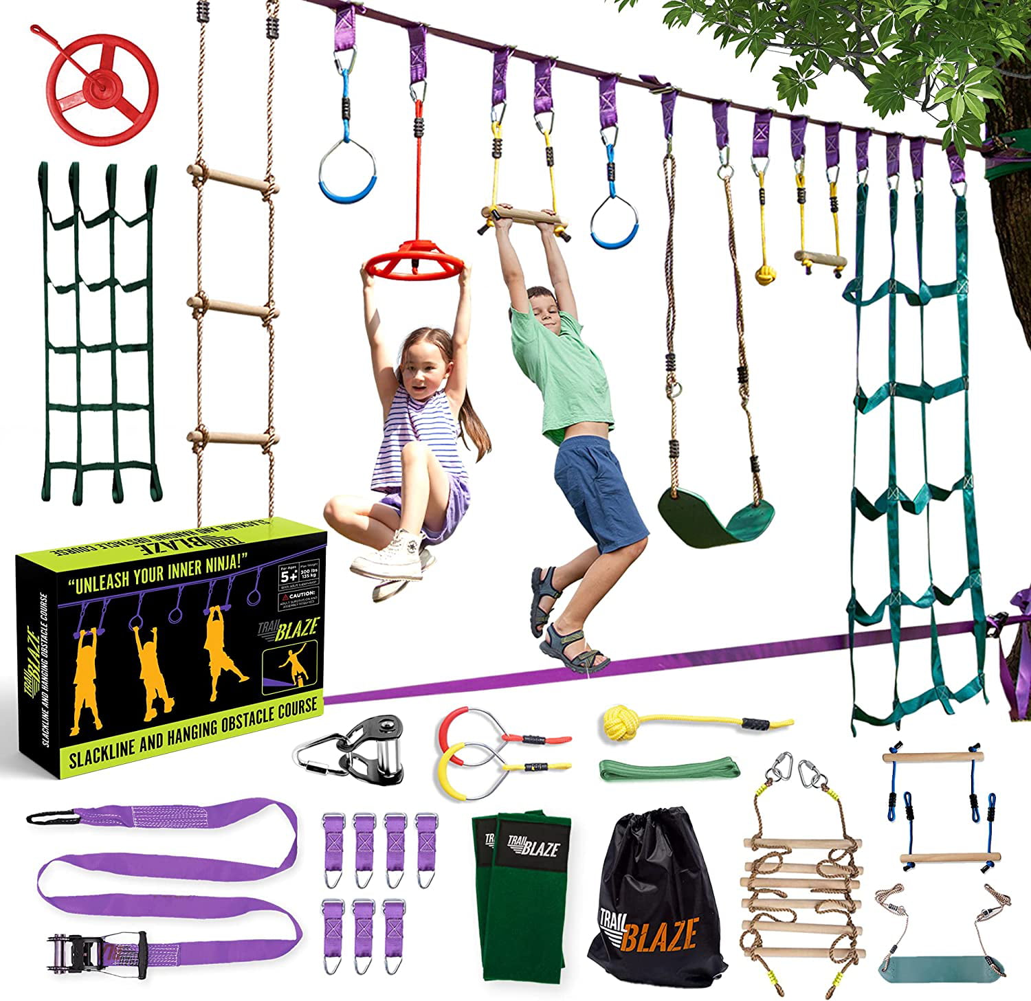 Monkey Bars 300LB Weight Capacity Tree Swing CHIMPRUSH Blue Ninja Obstacle Course Metal Wheel with Buckle Strap Set Ninja Warrior Obstacle Course for Kids Ages 3+ Outdoor Swing Set Accessories 