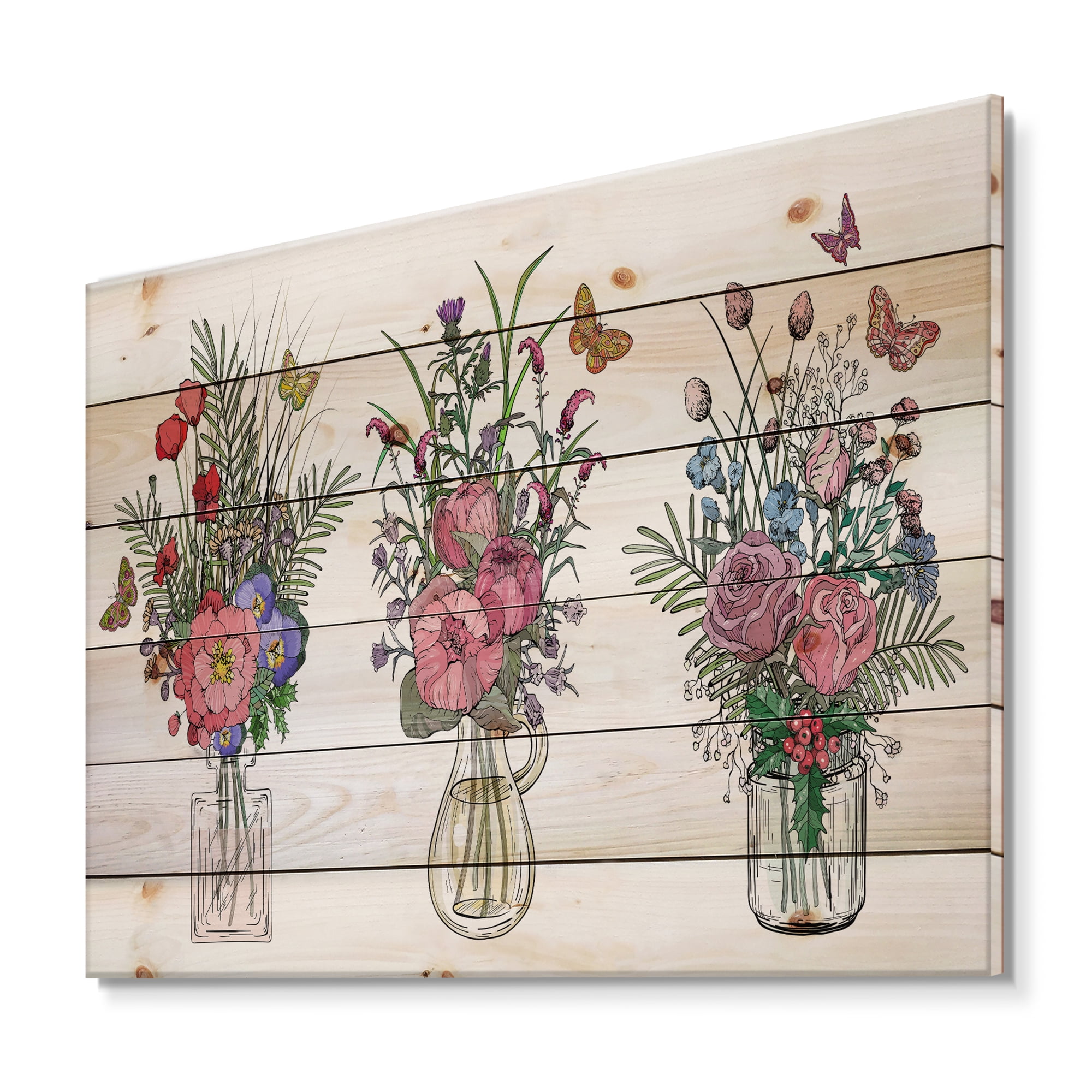 Designart 'Transparent Vases With Bouquets of Wildflowers II' Farmhouse Print on Natural Pine Wood