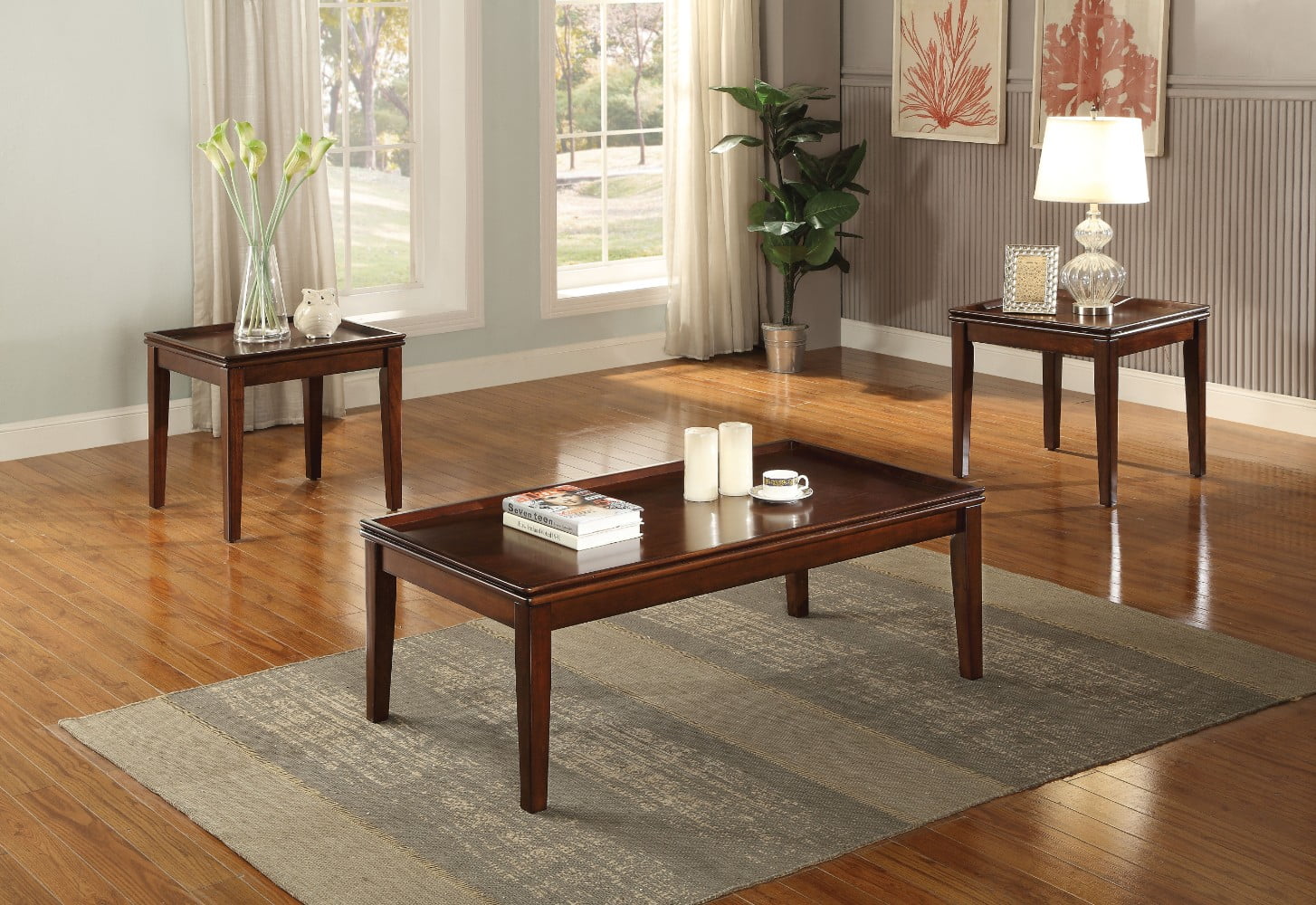 Classic Wooden Coffee/End Table Set, 3 Piece Pack, Walnut Brown