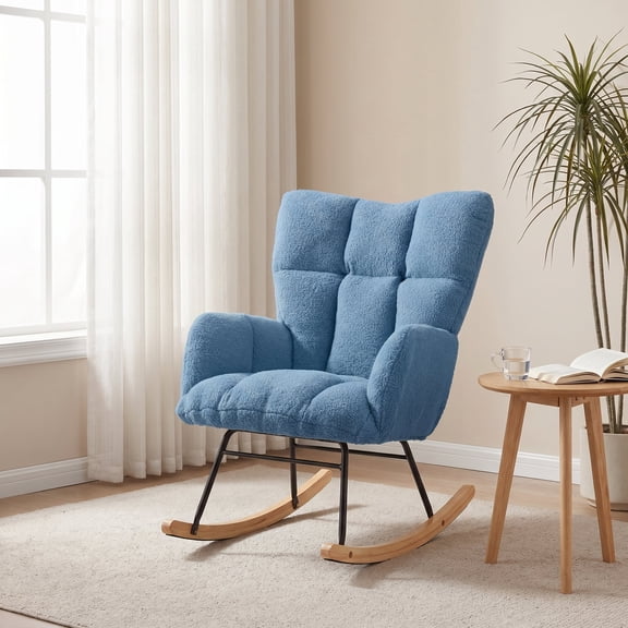 iooHug Tufted Teddy Fabric Rocking Chair, High Back Upholstered Glider Chair With Solid Wood Rocker Legs for Living Room Bedroom Nursery, Blue