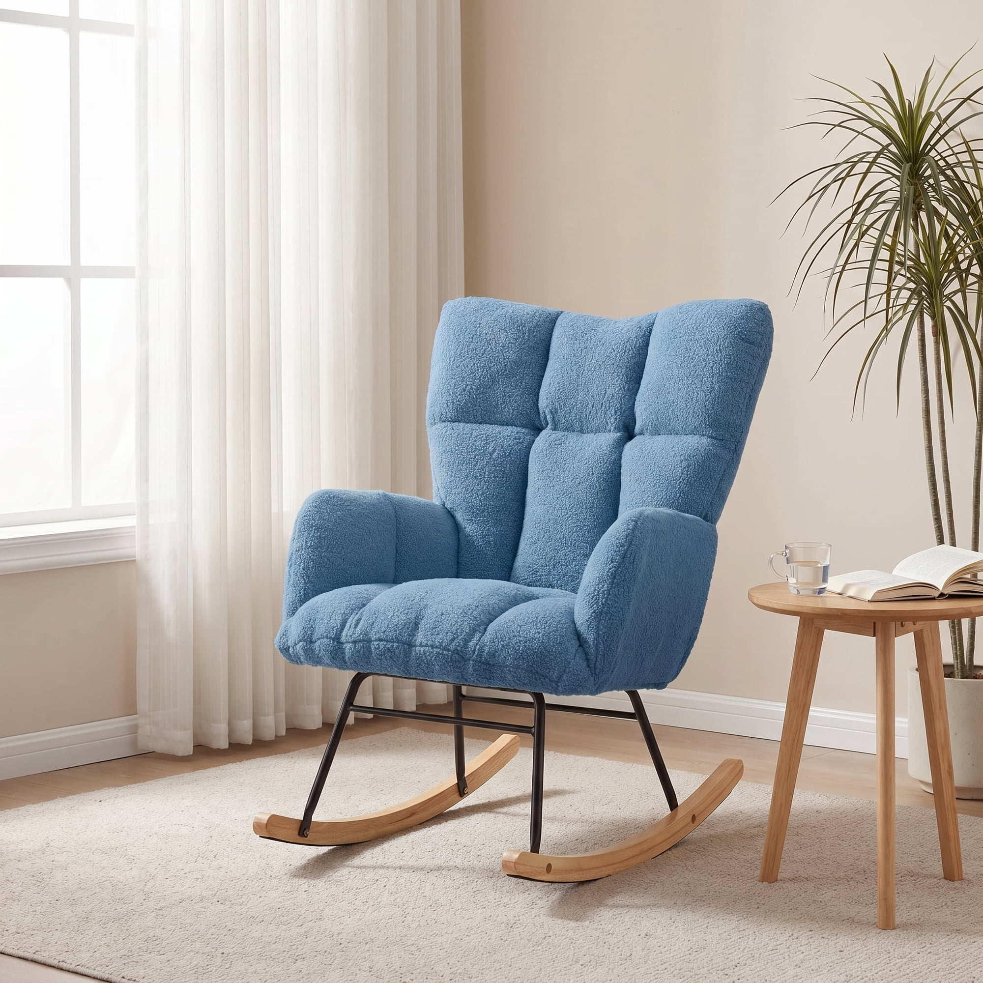 iooHug Tufted Teddy Fabric Rocking Chair, High Back Upholstered Glider Chair With Solid Wood Rocker Legs for Living Room Bedroom Nursery, Blue