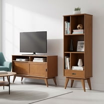 Simpli Home Draper 64 inch Tall Solid Wood Bookcase and Storage Unit, Tawny Brown Teak