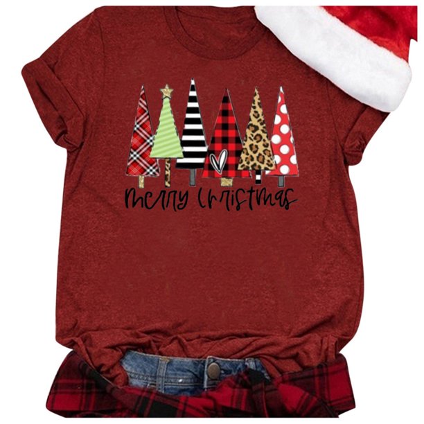 Gibobby Tops navideños para Mujer Camiseta de manga corta con manga raglán y estampado navideño para mujer(Vino,CH)