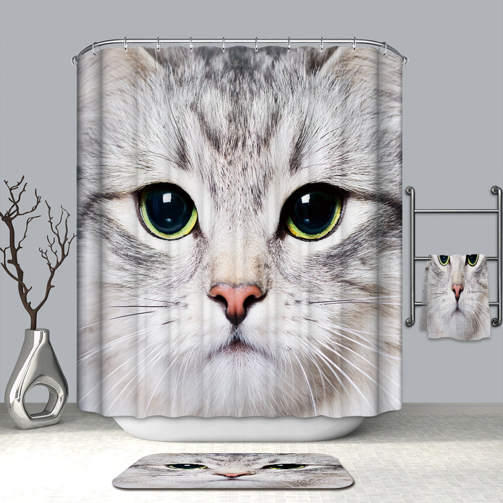Two Gray Cats Animal Theme Bathroom Waterproof Fabric Shower Curtain & 12 Hooks