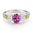 thumbnail image 2 of Gem Stone King 925 Sterling Silver and 10K Yellow Gold Oval Pink Created Sapphire White Moissanite and White Diamond 3 Stone Ring for Women (2.68 Cttw, Gemstone September Birthstone, Size 5), 2 of 3