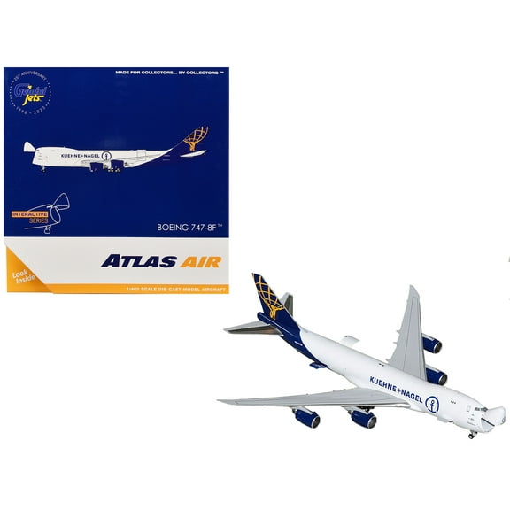 Boeing 747-8F Commercial Aircraft "Atlas Air - Kuehne Nagel" (N862GT) White with Blue Tail "Interactive Series" 1/400 Diecast Model Airplane by GeminiJets