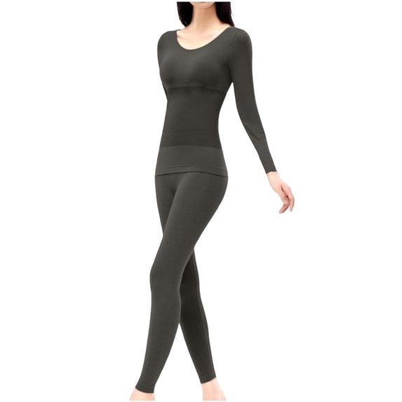 XRoczxe Women Textured Scoop Neck Thermal Underwear Set High Waist Tummy Control Soft Skin-Friendly Warm Slim Fit Long Sleeve Top & Pants Multi Solid Color Winter Base Layer Suit