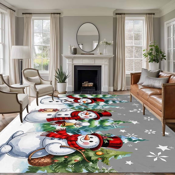 Area Rug for Living Room, Grey White Snowman Christmas Non-Slip Indoor Large Carpet for Bedroom/Dining Room, Xmas Tree Snowflake Winter Washable Low-Profile Rectangle Floor Runner Rugs - 5 x 8 Ft