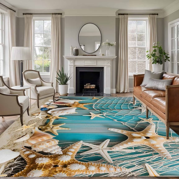 Area Rug for Living Room, Coastal Summer Beach Non-Slip Indoor Large Carpet for Bedroom/Dining Room, Ocean Starfish Conch Blue Wooden Washable Low-Profile Rectangle Floor Runner Rugs - 5 x 8 Ft