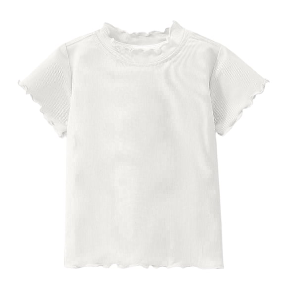 KHONTS Girls Summer Lettuce Trim Ribbed Knit Short Sleeve T-Shirts Solid Color Casual Blouse Tops,Size 1-10 Years White 90