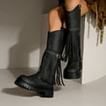 thumbnail image 3 of Chunky Lug Sole Riding Boots for Women Round Toe Tassel Studded Mid Calf Buckle Strappy Zipper Booties, 3 of 9