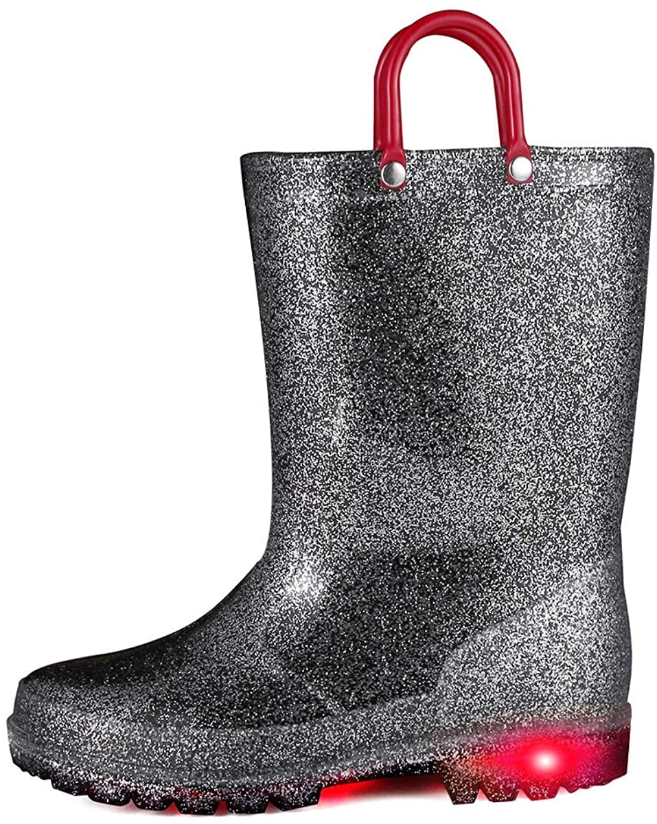 K KomForme Kids Light up Rain Boot Black Glitter Toddler Boys Shoes