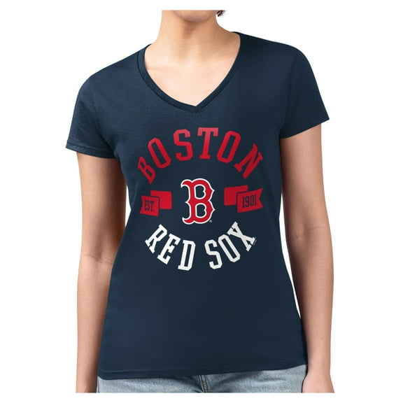 Women's G-III 4Her by Carl Banks  Navy Boston Red Sox Super-Slim Fit Lightweight Collage Team Graphic V-Neck T-Shirt