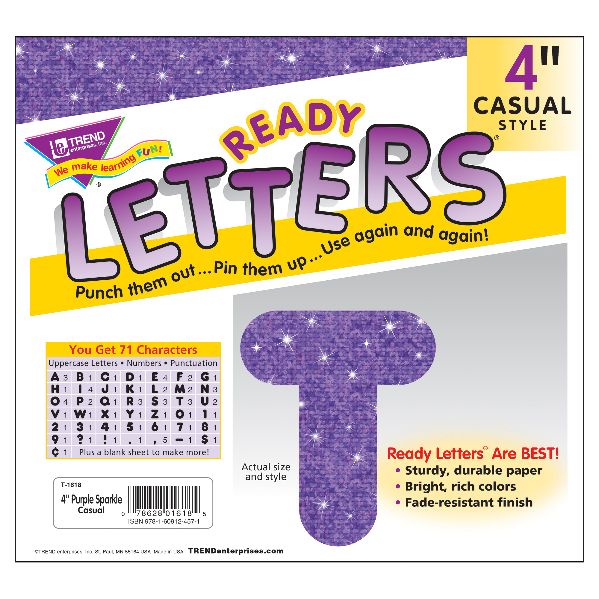 TREND Purple Sparkle 4-Inch Casual Uppercase Ready Letters, 216 Pieces