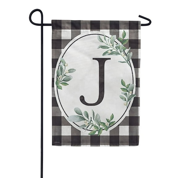 Carson Monogram Garden Flag - Buffalo Check J, 12.5x 18 Inch Outdoor Decorative Yard Holiday Seasonal Flag, Buffalo Plaid Black and White Checkered Flag, Monogram Letter J Flag