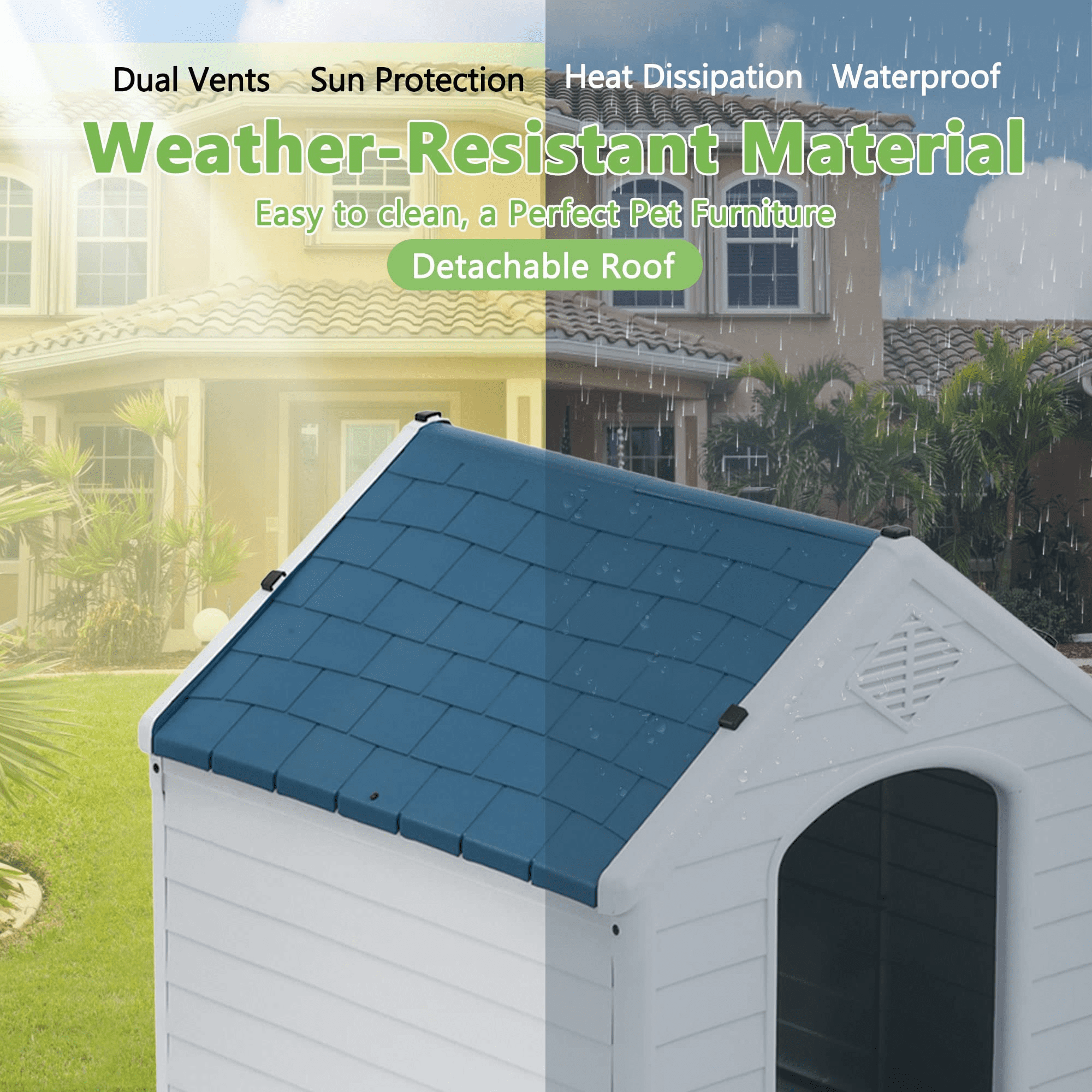 CL.HPAHKL Durable Plastic Dog House Outdoor Indoor, Waterproof Pet House for Small Medium Dogs, Insulated Puppy Shelter Doghouse with Elevated Floor and Air Vents(Blue, 34 inch)