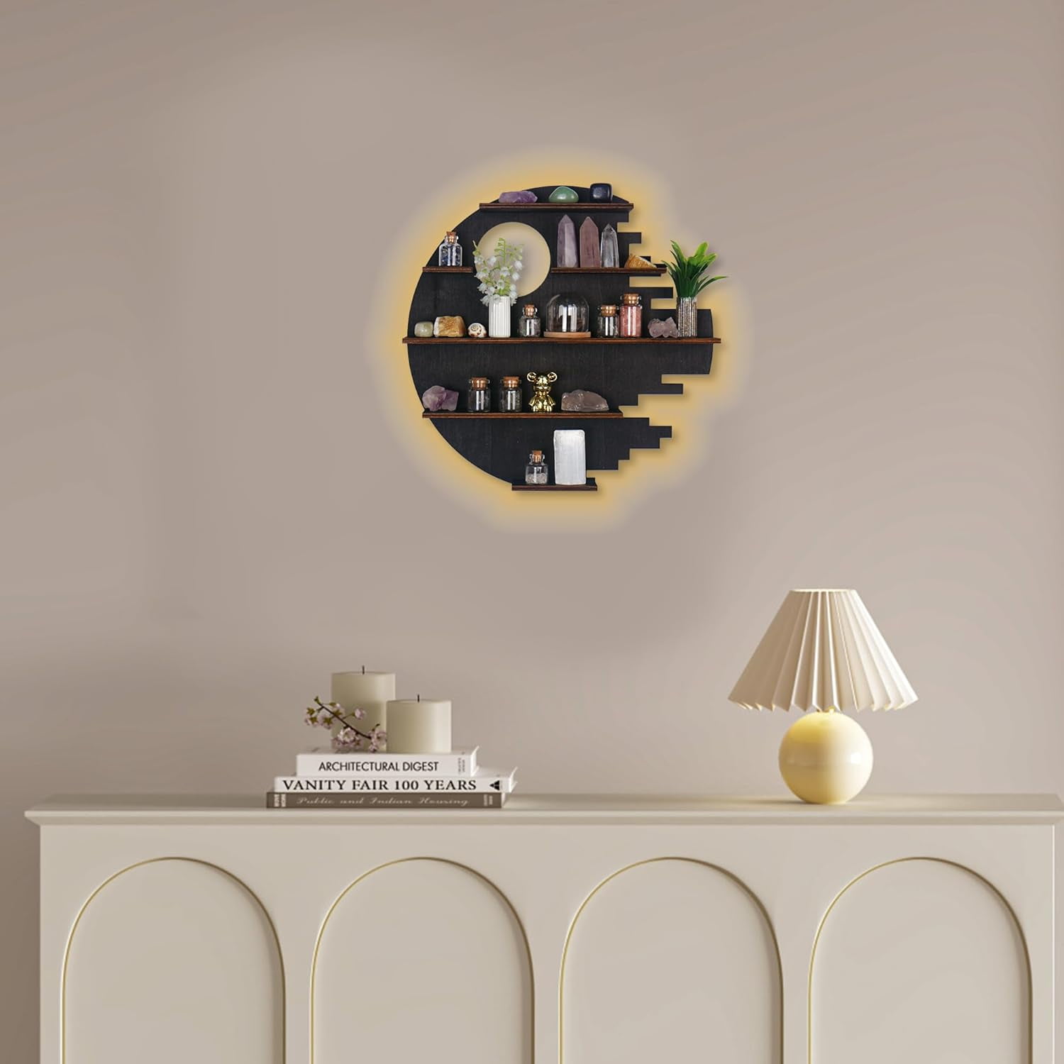 Wooden Moon Shelf with LED Lights, Crystal Shelf Display for Wall Rock Gem Stone Shelf Witchy Trinkets Holder Boho Wall Decor Floating Shelves for Nail Polish & Essential Oil