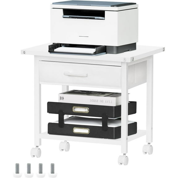 Under Desk Rolling Printer Stand with Drawer, 2-Tier Industrial Mobile Printer Table Desk with Storage Shelf and Steel Frame, Printer Cart Holder with Lockable Wheels for Home, Office (White)