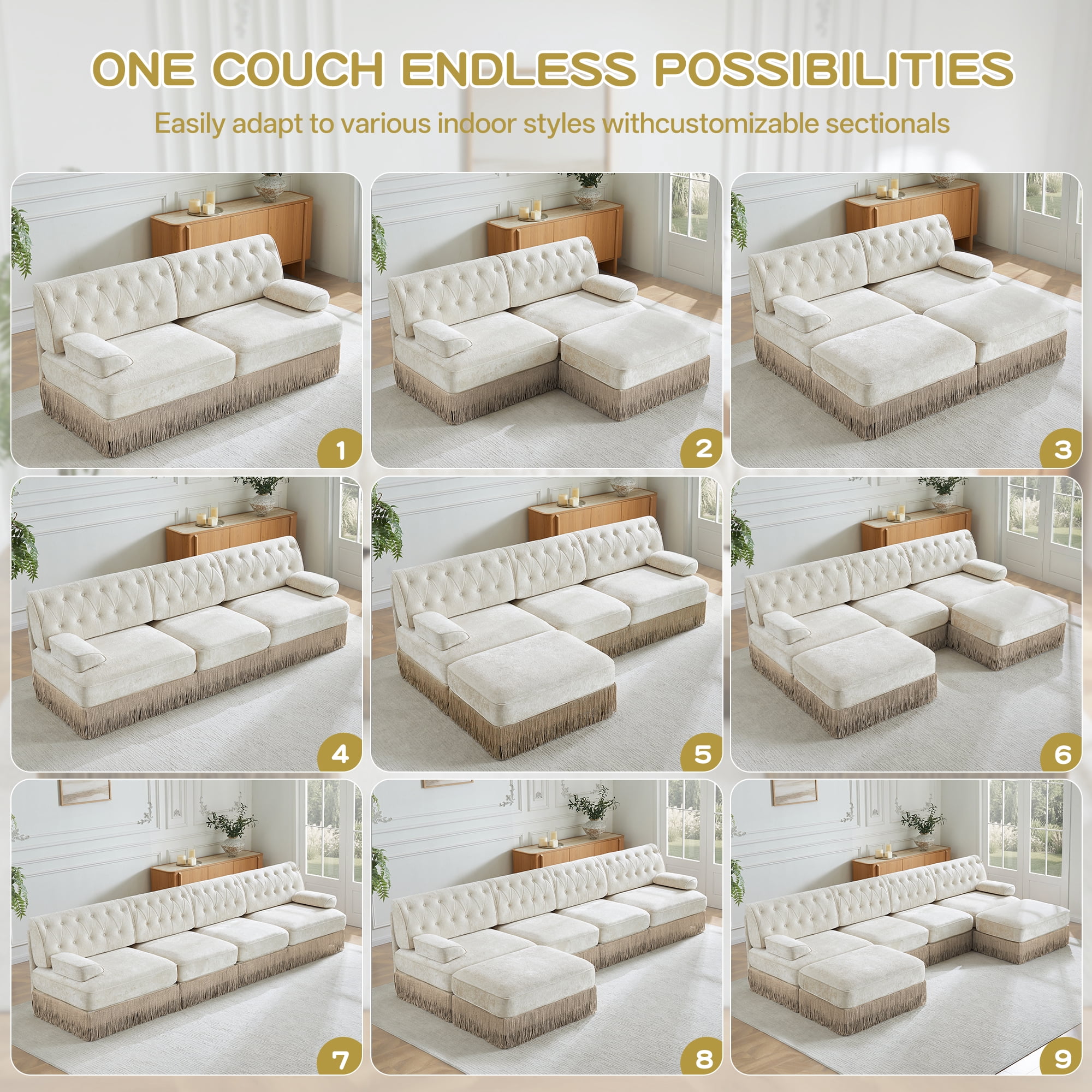 76.6" Chesterfield L-Shaped Modular Sectional Loveseat Sofa Set with 2 Ottoman and Tassel Skirt, Easy to Assemble