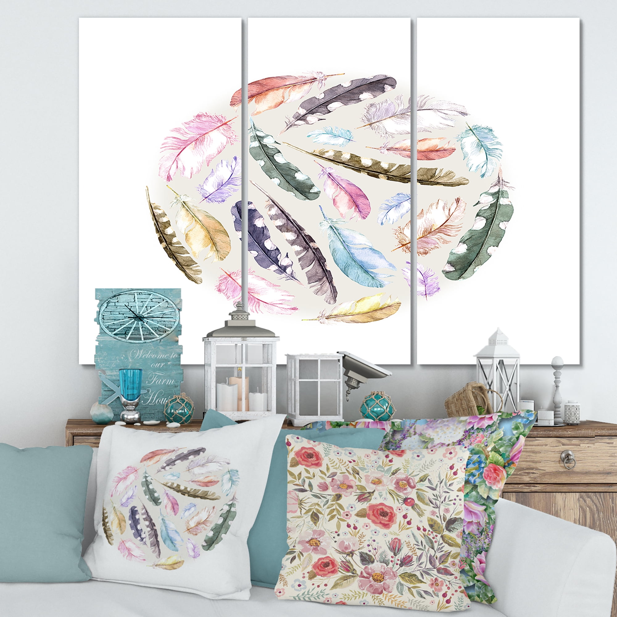 Designart ' Ancient Bird Feathers In Circle ' Traditional Canvas Wall Art Print