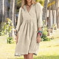 thumbnail image 2 of Linen 3/4 Sleeve Dress for Womens Deep V Neck Sundress Baggy Boho Pleated Sundress Cover Up Solid Basic Tunics Dresses Going Out Holiday Beach Outfits, 2 of 6