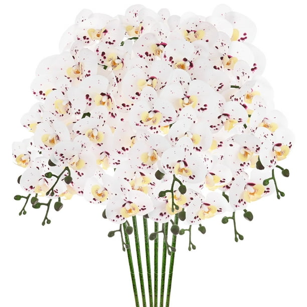 Uxcell 6-Pack Flores de Orquídea Artificial 9 Pétalos Grandes 37 Pulgadas Ramo de Seda Phalaenopsis Blancas Púrpuras Falsas para el Hogar/Boda