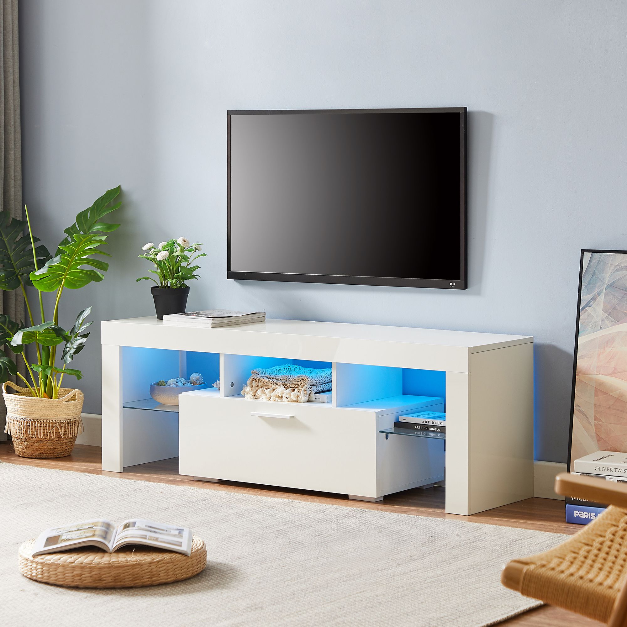DEALTOPS Modern TV Stand with 16-Color LED Lights and Big Drawer, Minimalistic Media Console with Glass Shelves for TVs up to 55'' -White
