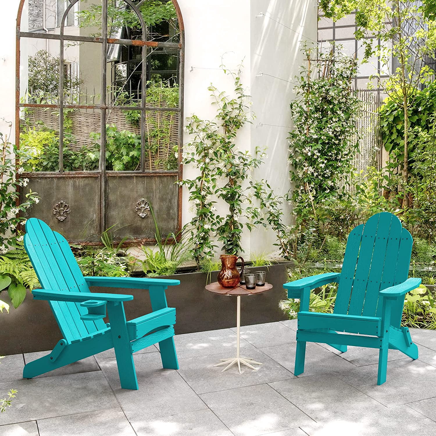Dycanpo Folding Adirondack Chair Set of 2,Fire Pit Patio Garden Chair with Cup Holder, Aruba Blue