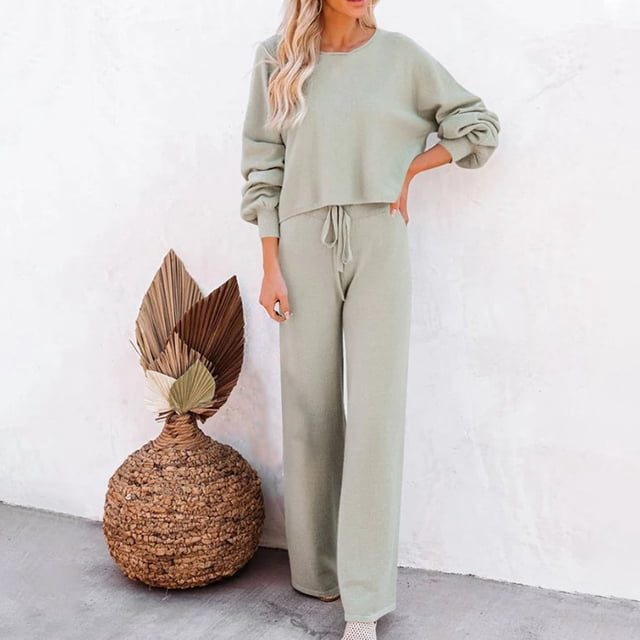 Puntoco moda mujer cómoda Casual armar manga larga cuello redondo blusas con hombros sesgados + conjuntos de pantalones de encaje de Color sólido Puntoco Puntoco-7016