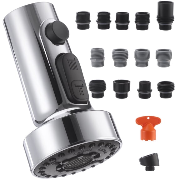 Pull Down Kitchen Faucet Head Replacement with Pause Button, 3 Water Modes Sink Sprayer Nozzle, Universal Kitchen Faucet Sprayer with 14 Adapters, Electroplated Plastic Replacement