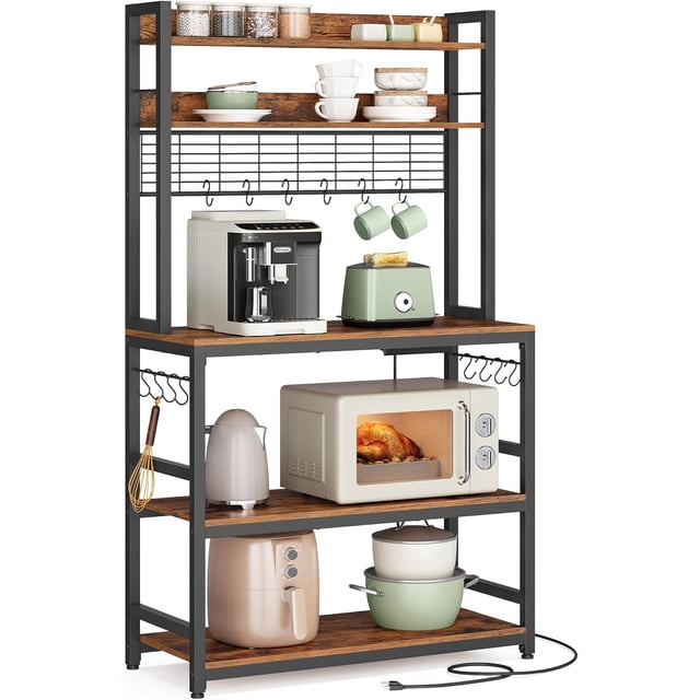 Bakers Rack with Power Outlet, Microwave Stand, Kitchen Tall Utility Storage Shelf, with Metal Wire Panel, 14 Hooks, 80W cm, Rustic Brown and Black UKKS025B01