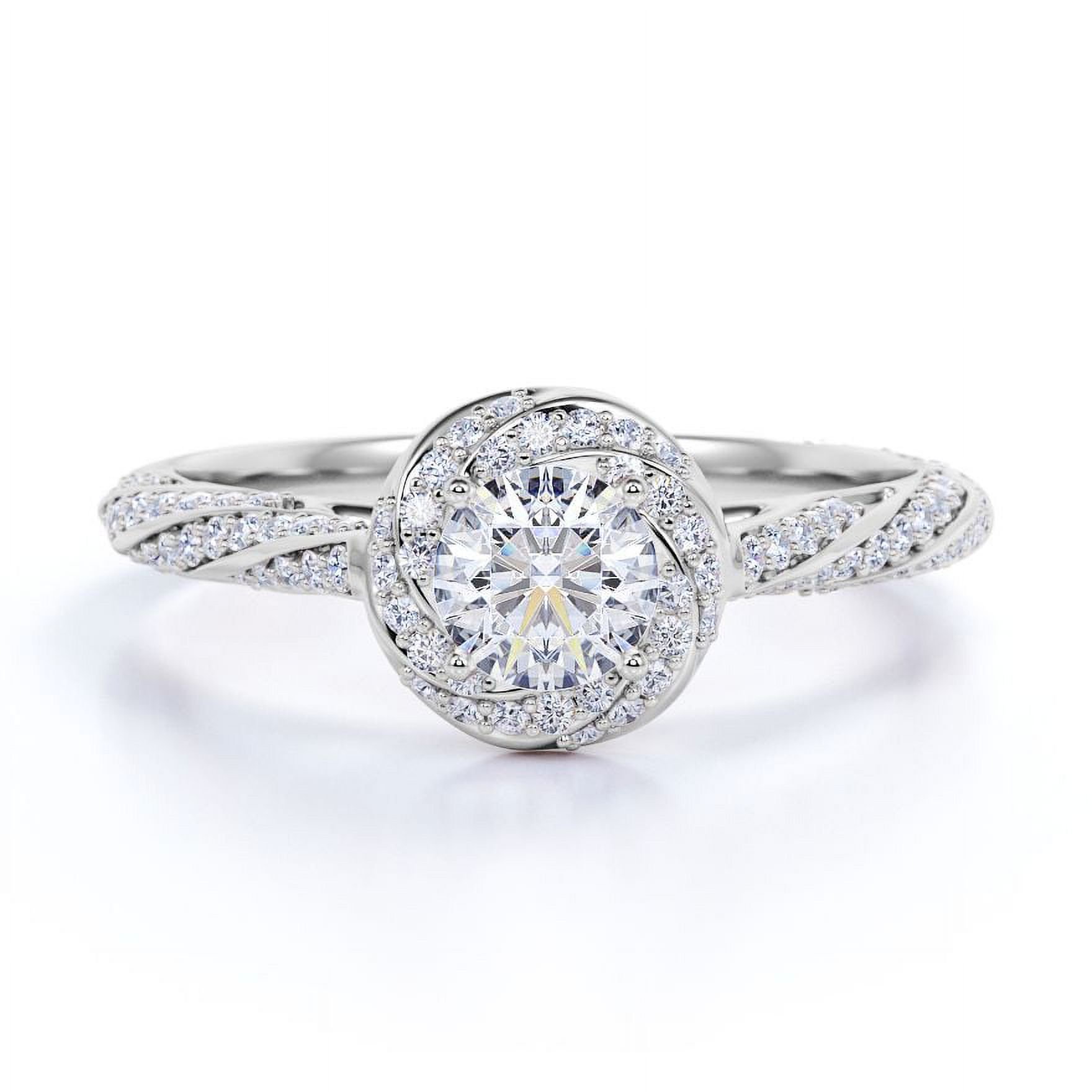 JeenMata 1.2 TCW Round Cut Moissanite - Splendid Encrusted Twirl - Pave Halo Engagement Ring - 18K White Gold Plating over Silver