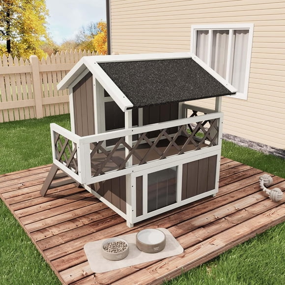 Casa para Gatos Exterior – 2 Pisos Elevada con Balcón – Refugio Impermeable – Techo Desmontable – Puerta de Escape – Fácil Montaje – Gatos Callejeros – Blanco y Gris