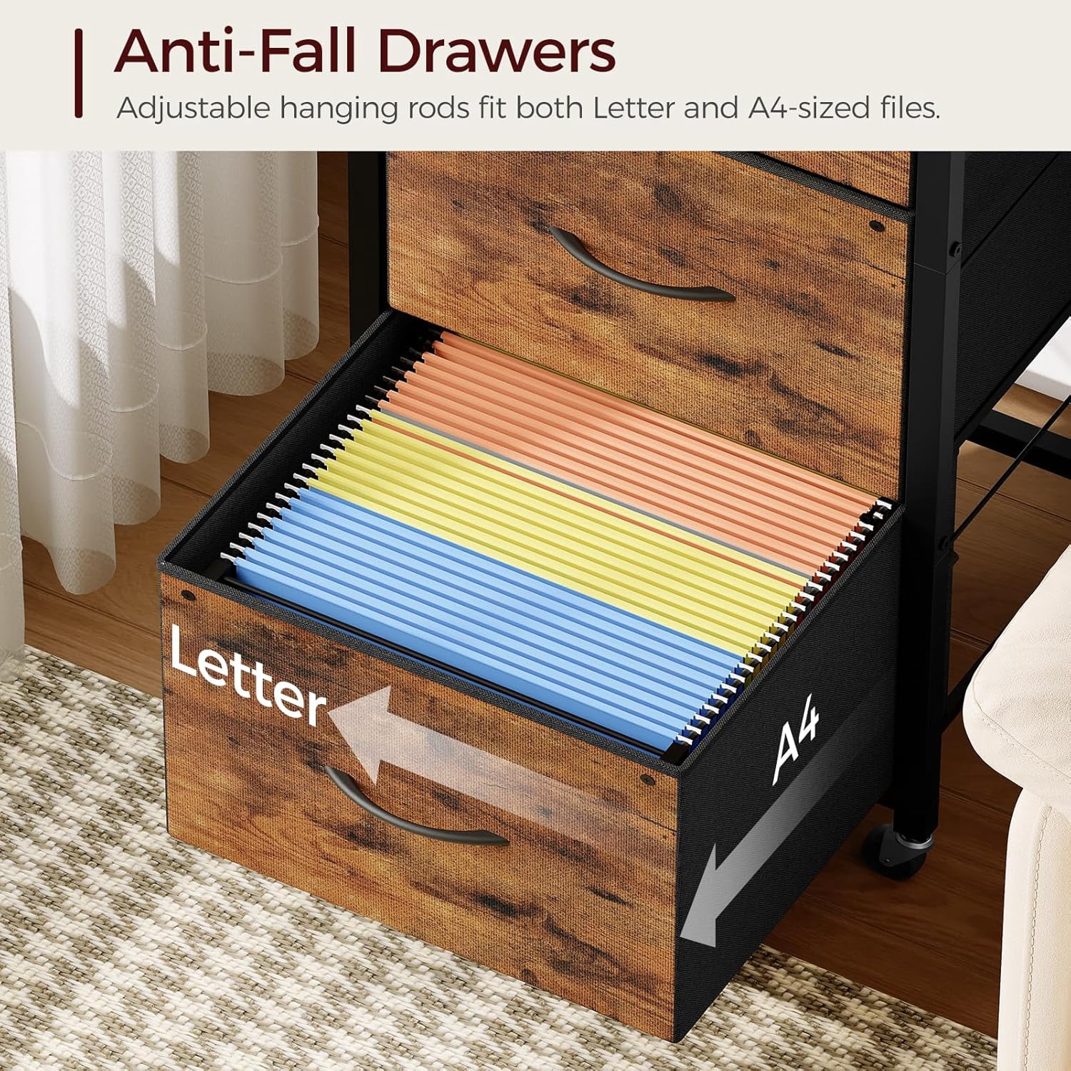 3 Drawer File Cabinet, Vertical Filing Cabinet with Wheels, Printer Stand with Non-Woven Fabric Drawer, Adjustable Hanging Rods, fits A4/Letter Size, for Home Office