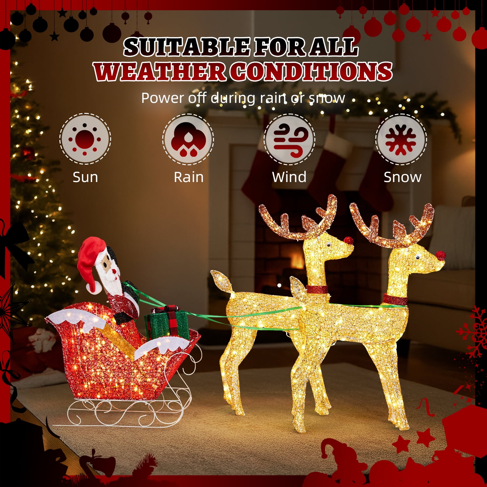 Astoutdoor Lighted Reindeer Pulling Sleigh Christmas Decoration, Pre-lit with 270 Warm White LED Lights, 30V 6W, Indoor Outdoor Holiday Display