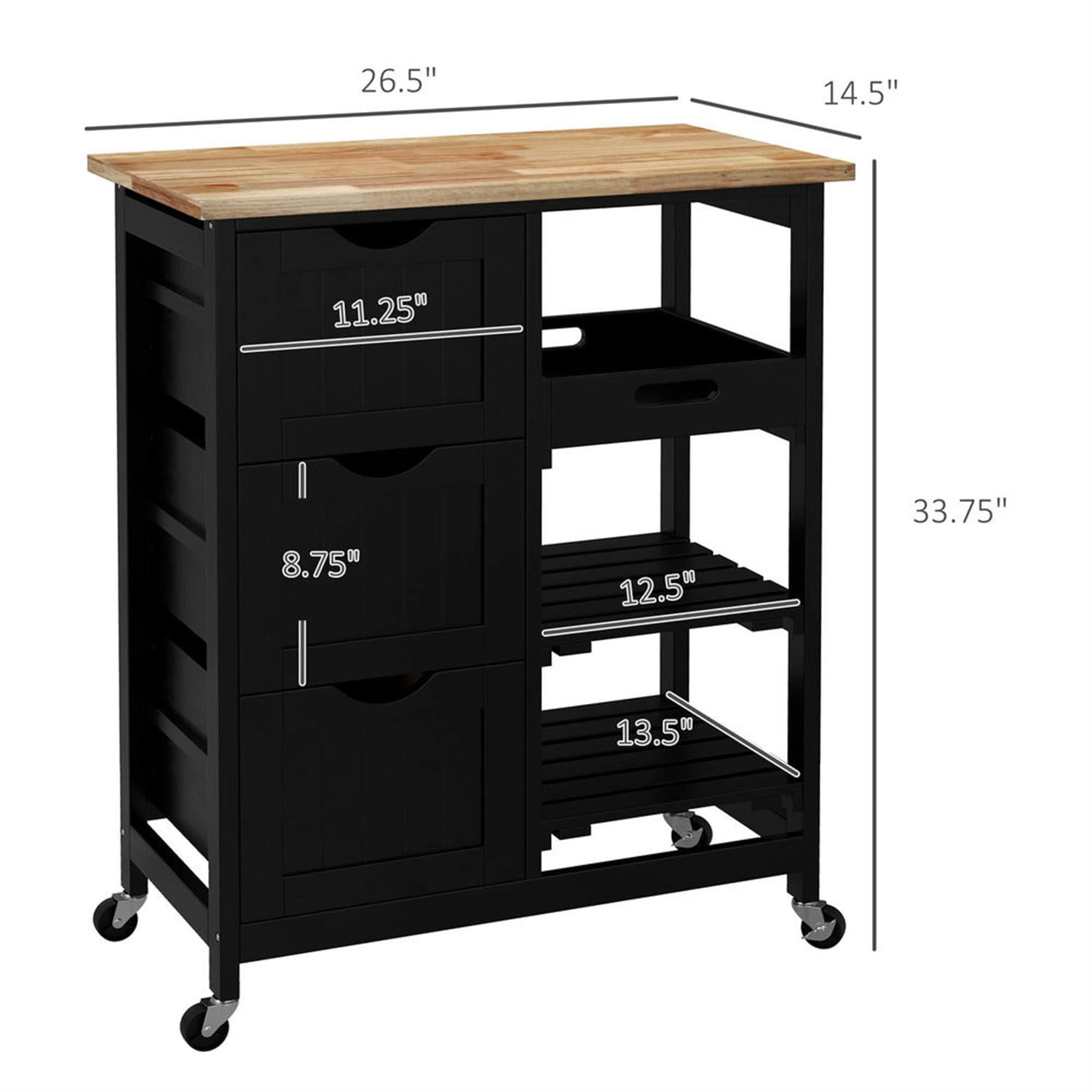 Demi Bonn 33" Kitchen Island Cart on Wheels with Storage, Rolling Dining Room Serving Utility Carts Mobile Movable with Wood Top and Drawer, Black