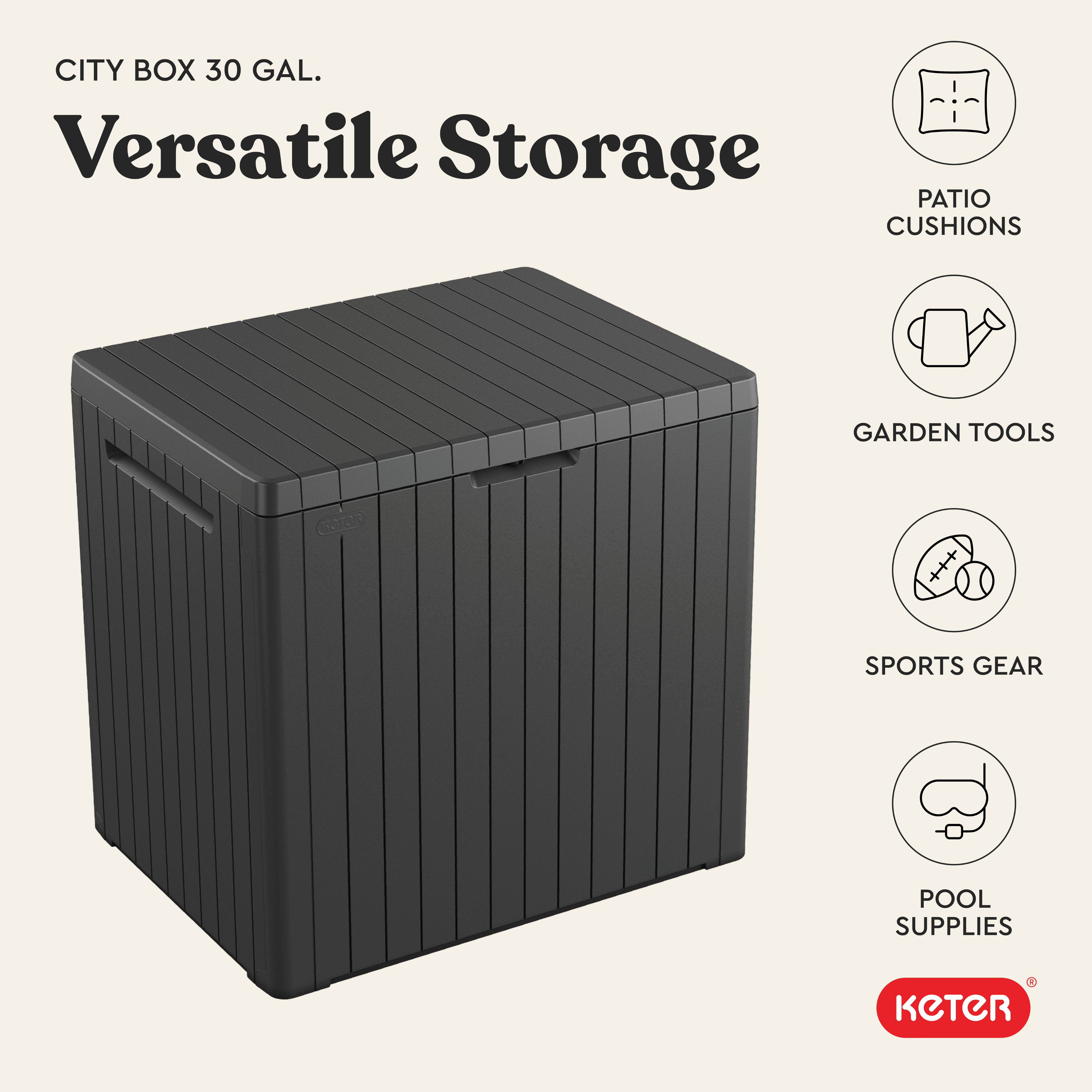 Keter City Outdoor 30 Gallon Durable Resin Outdoor Deck Box for Storage Organization, Gray