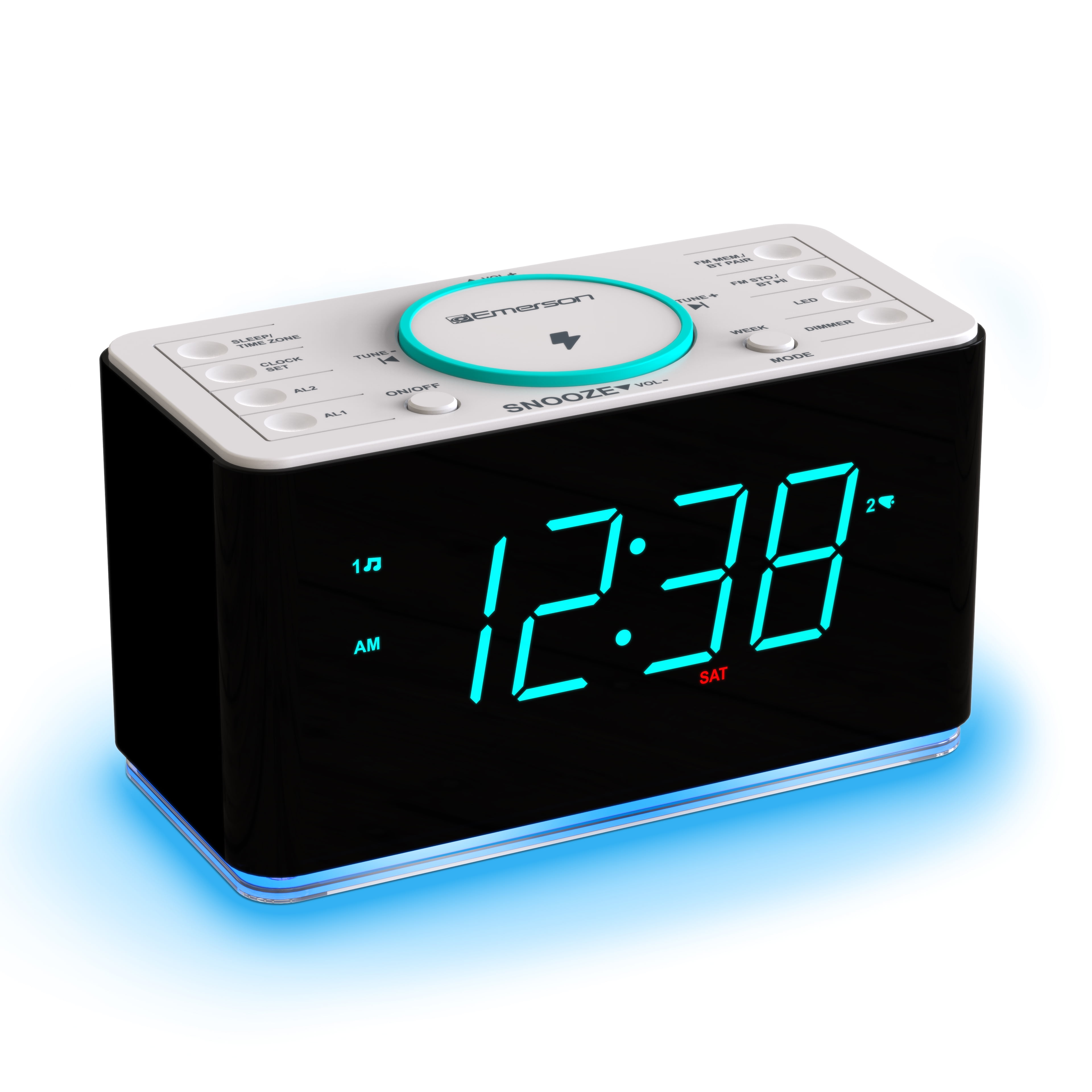 Emerson SMARTSET® 15W Wireless Ultra Fast Charging Dual Alarm Radio with Bluetooth Speaker, USB Charger, Night Light  and 1.4” Cyan LED Display ER100401