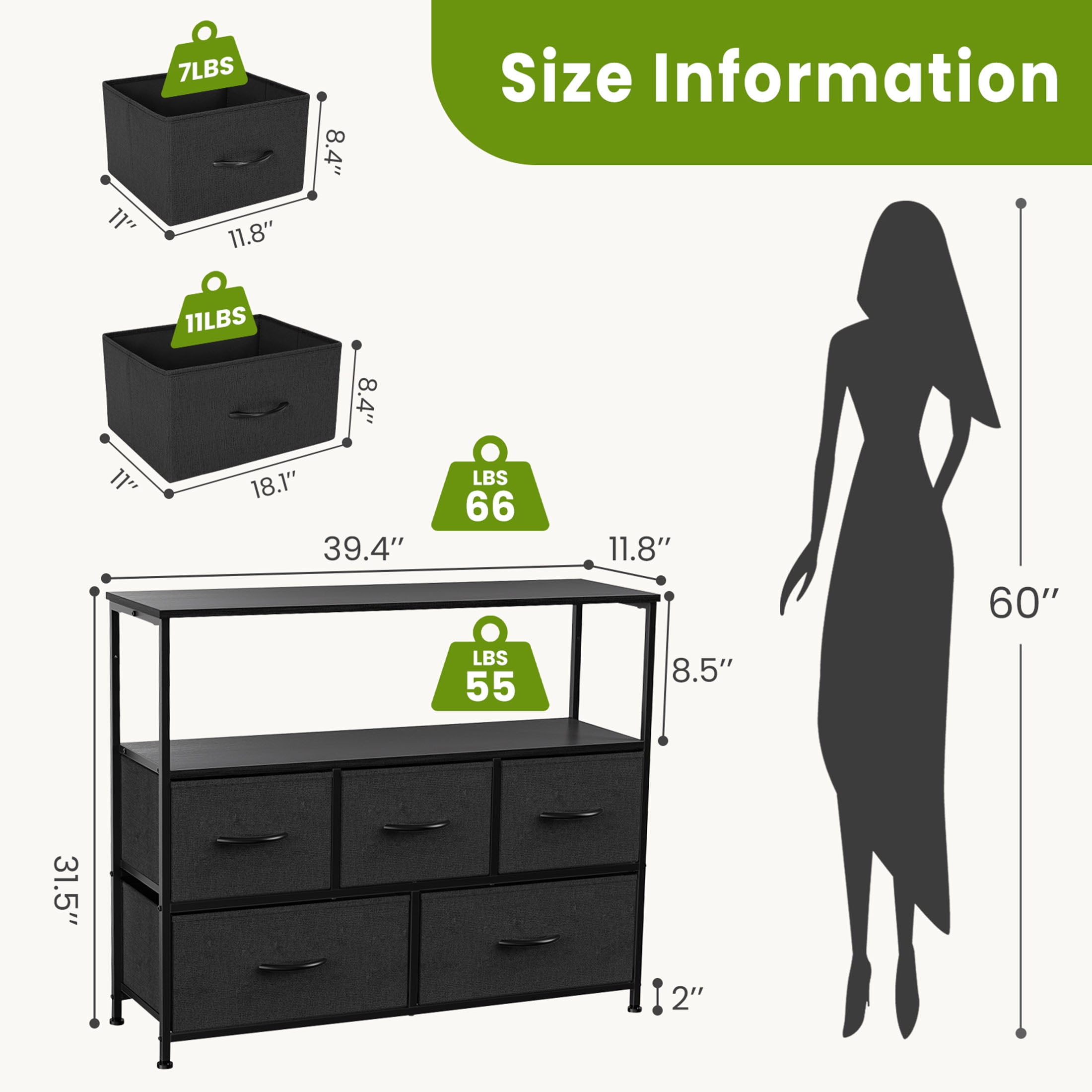CONCETTA TV Stand with 5-Drawer Dresser for Bedroom, Living Room, Storage Cabinet with 55 inch TV Stand for Adult, Black