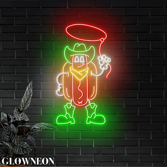 Glowneon Cowboy Hot Dog Wall Led Light, Western Hot Dog Shop Wall Art