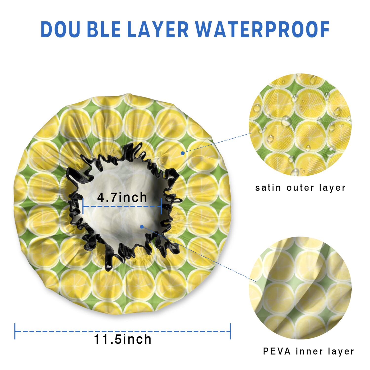 Shower Caps,Yellow Lemon Slices Green Pattern Waterproof Shower Cap for Women 4 Pieces,Double Reusable Hair Cover for Shower PEVA Elastic Stretch Hem