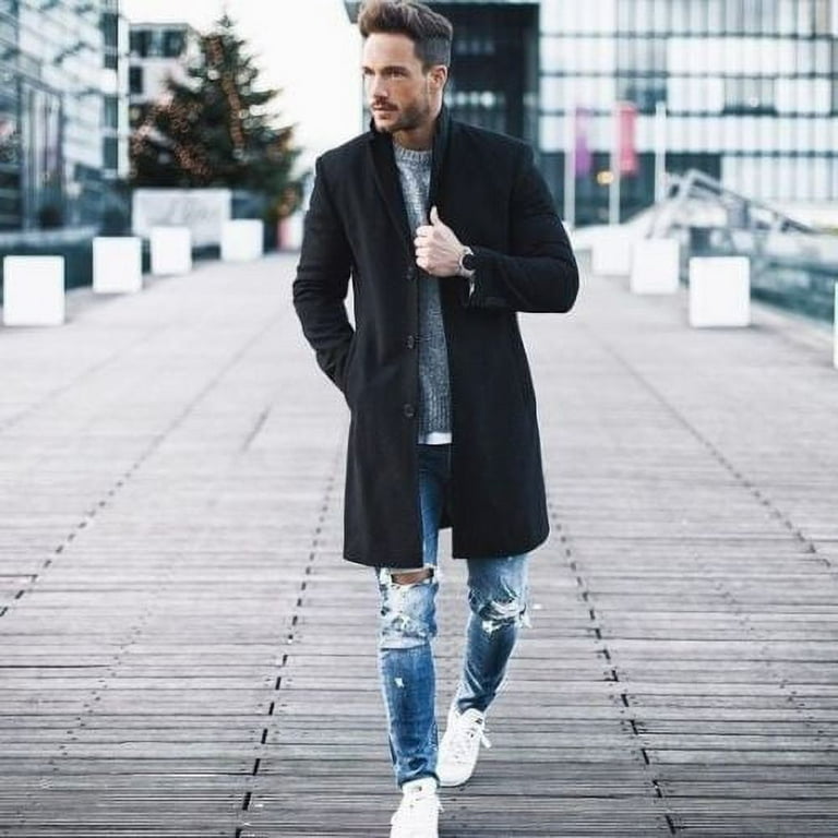 Men Wool Coat Winter Trench Coat Outwear Overcoat Long Sleeve Button Up Jacket T