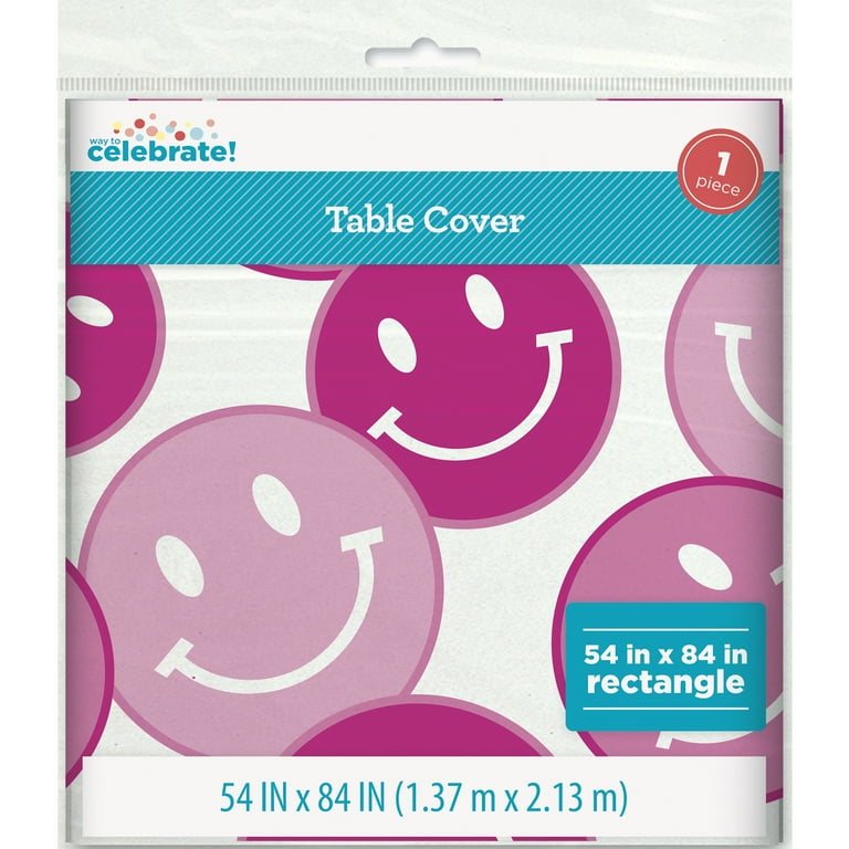 Set a fun, retro emoji party table with an All Smiles Smiley Face Birthday  Party Supply Kit for 16 Guests. The kit has a table cover, 2 sizes of  plates, and napkins