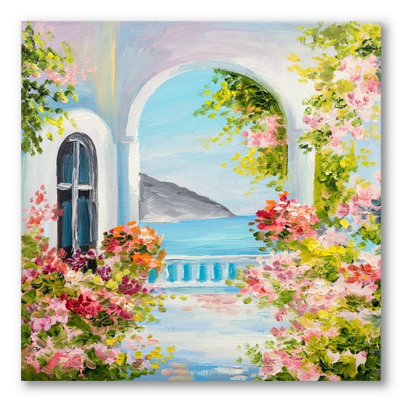 Designart ' Pink Flowers With Traditional Greek House ' Nautical & Coastal Canvas Wall Art Print