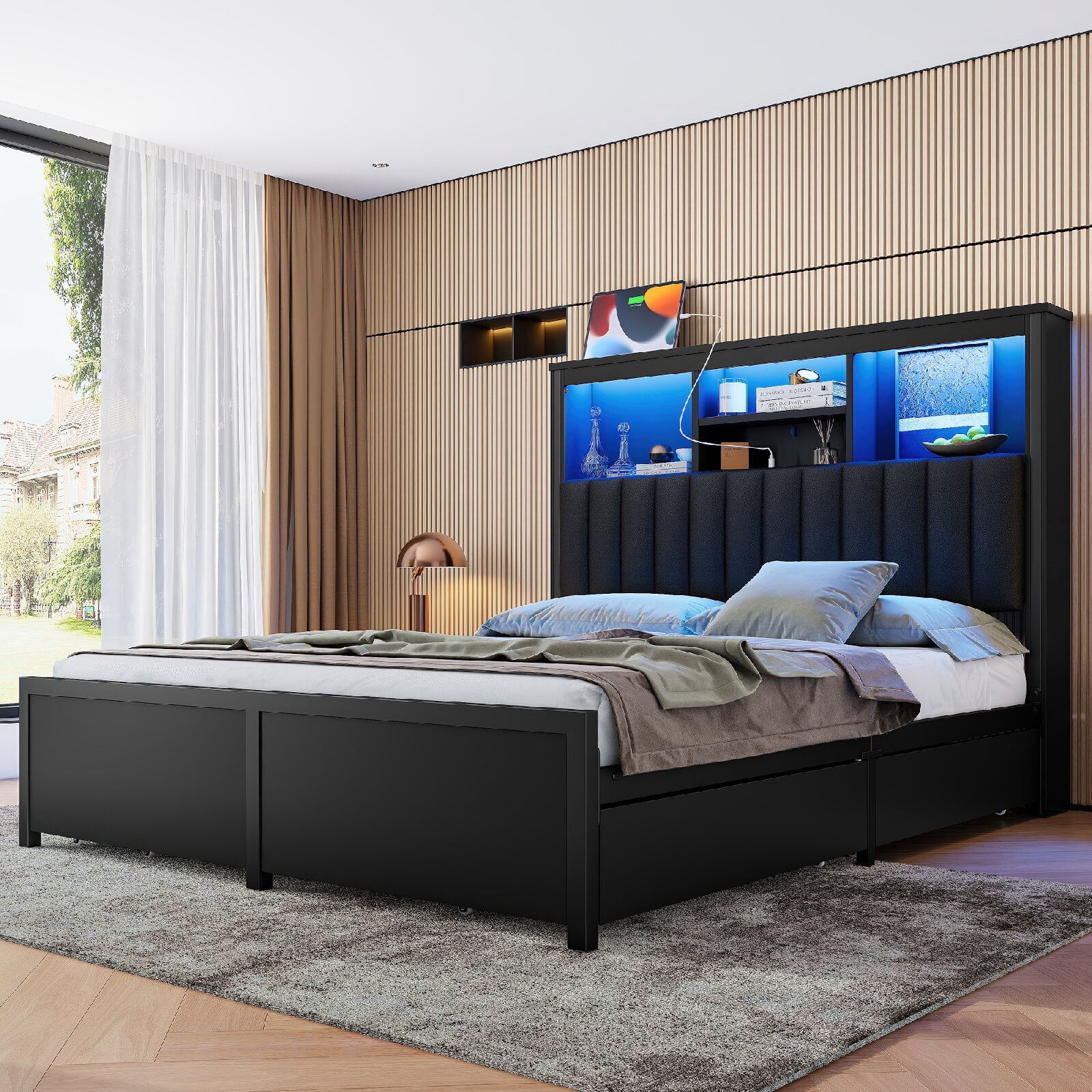 Queen Size Bed Frame with High Storage Headboard and Charging Station, All-Metal Support Bed Frame with LED light and  4 Storage Drawers for Bedroom, Apartment, Mattress not included, Black