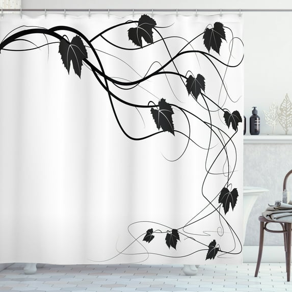 Vines Shower Curtain, Monochrome Abstract Grape Leaves Branches Buds Natural Botany Illustration, Fabric Bathroom Set with Hooks, 69W X 70L Inches, Charcoal Grey White, by Ambesonne