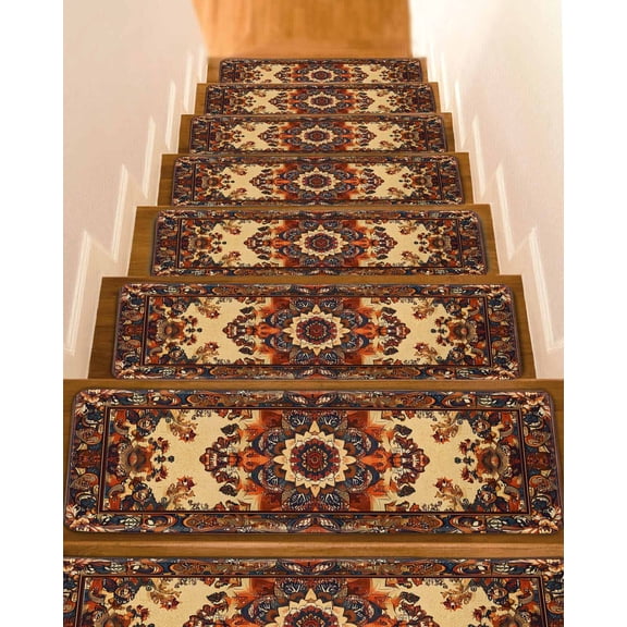 Stair Treads for Wooden Steps,Bohemian Flower Peel and Stick Stair Treads with Adhesive,Boho Tribal Colorful Distressed Printed Non Slip Indoor Stairs Runner Rugs Mats for Elders Dogs 8"x30" 7PCS
