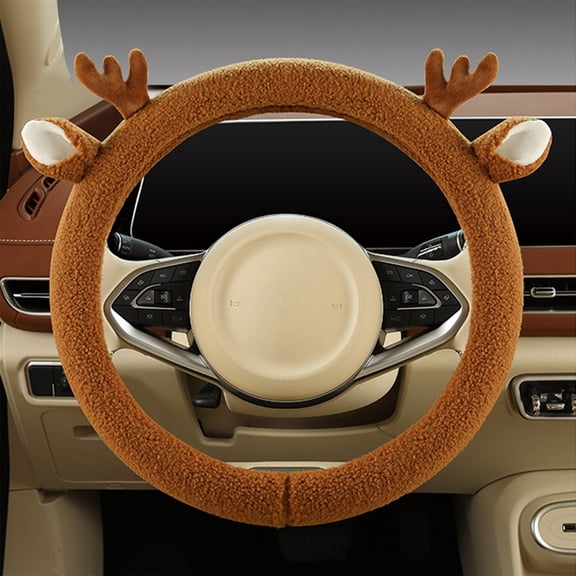 ddioayh Steering Wheel Cover Leather Non-Slip Warm Grip for 14.5-15 Inch Steering Wheel Winter Teddy Bear Design Car Interior Accessory for Increased Safety