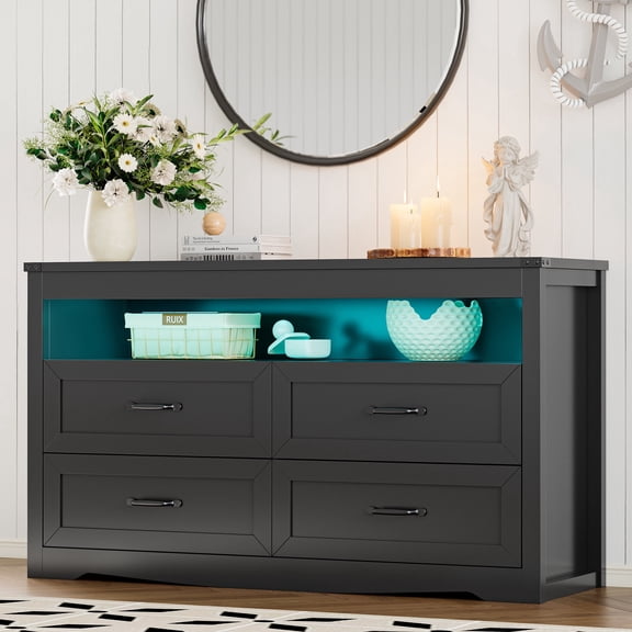 FANRAL 4 Drawers Dresser & Open Shelf for Bedroom,Modern Wooden Chest of Drawers with LED Light,Storage Organizer Dresser for Closet,Black Dresser