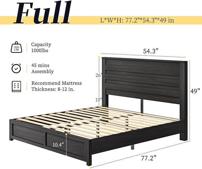 VanAcc Full Size Bed Frame with 49" Tall & Full-Panel Headboard, Farmhouse Platform Bed with Wood Slats & Metal Bed Frame, Noise Free